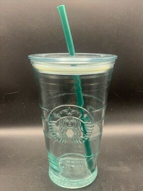 Vintage Starbucks Green Glass Tumbler With Straw 16oz Made in Spain Mermaid